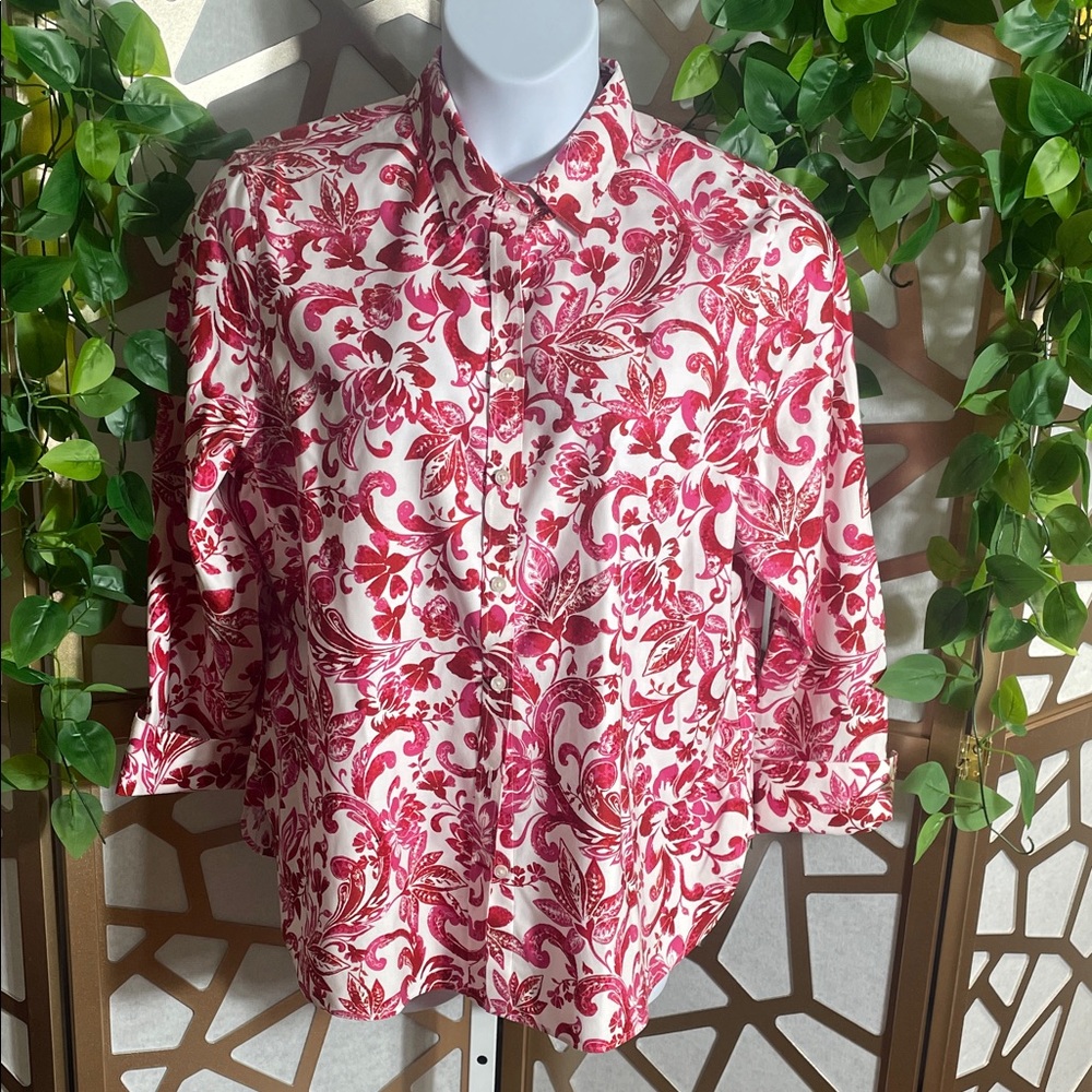 Chico's Vibrant Red and Cream Patterned Blouse